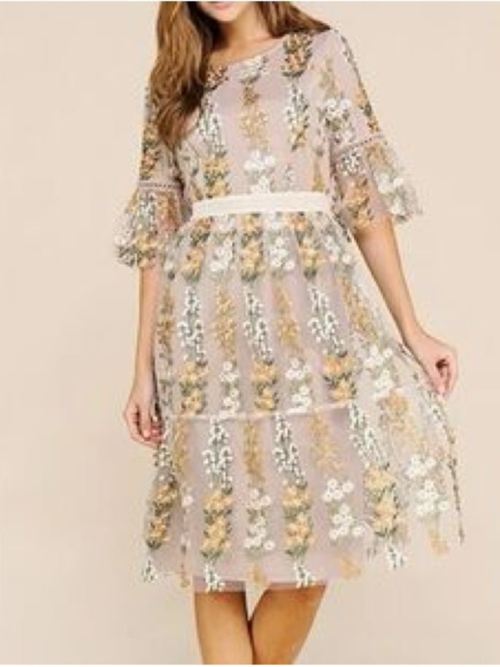 Polagram Blush Midi Dress with Gold & White Floral Embroidery